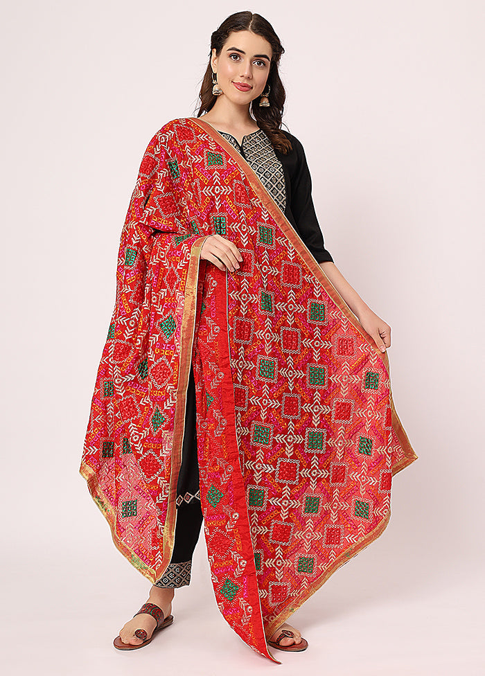 Red Chiffon Phulkari Embroidered Work Dupatta - Indian Silk House Agencies