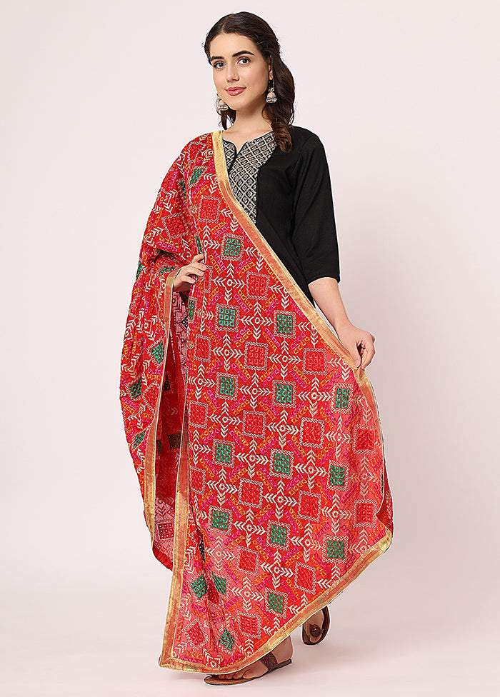 Red Chiffon Phulkari Embroidered Work Dupatta - Indian Silk House Agencies