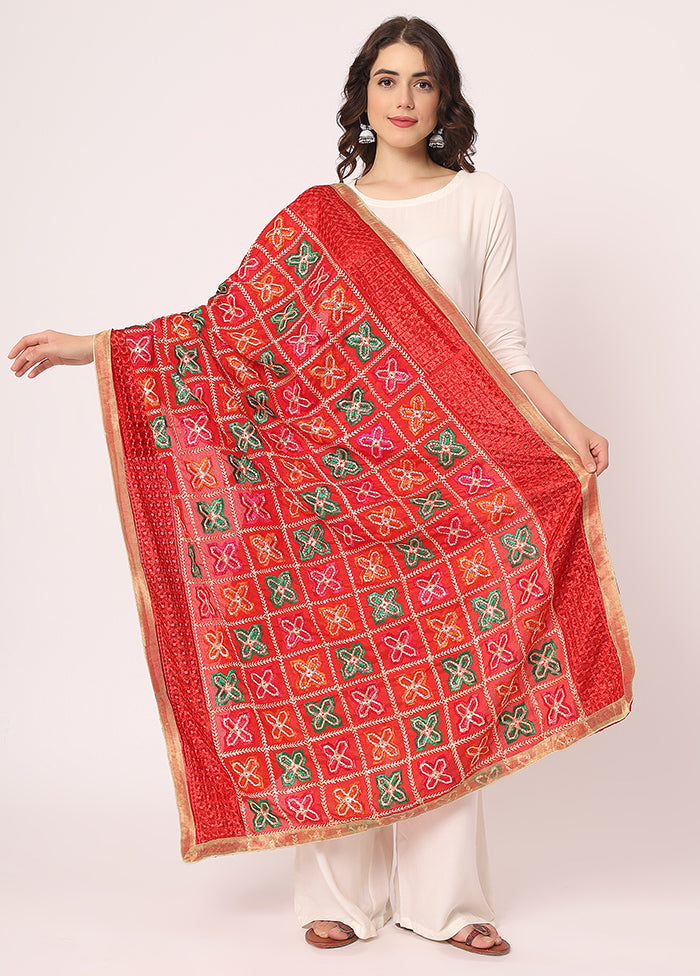 Red Chiffon Phulkari Embroidered Work Dupatta - Indian Silk House Agencies