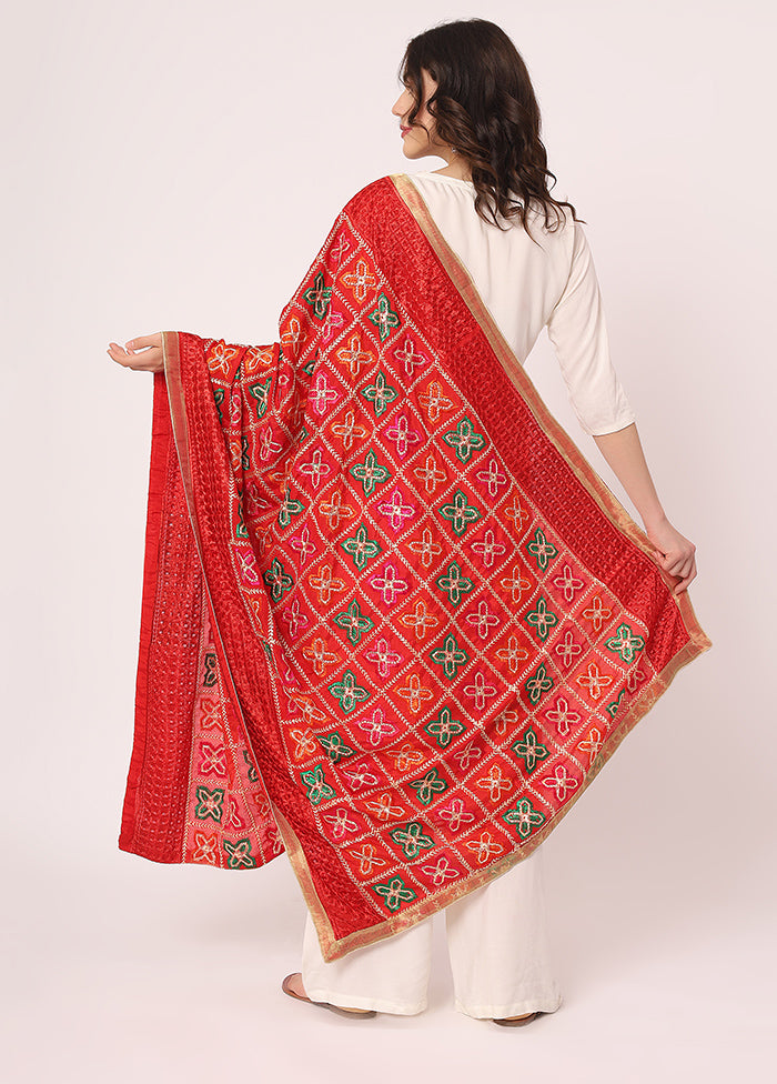 Red Chiffon Phulkari Embroidered Work Dupatta - Indian Silk House Agencies