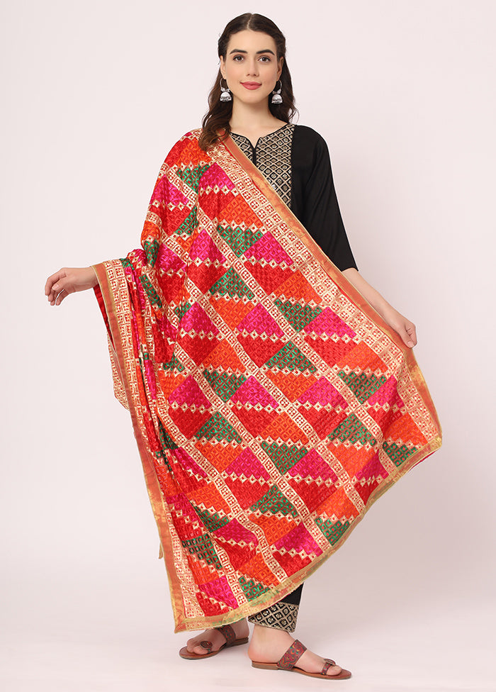 Red Chiffon Phulkari Embroidered Work Dupatta - Indian Silk House Agencies