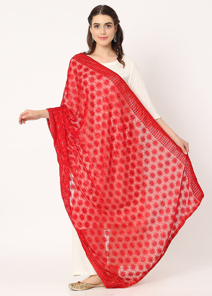 Red Chiffon Phulkari Embroidered Work Dupatta - Indian Silk House Agencies