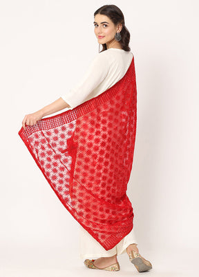 Red Chiffon Phulkari Embroidered Work Dupatta - Indian Silk House Agencies