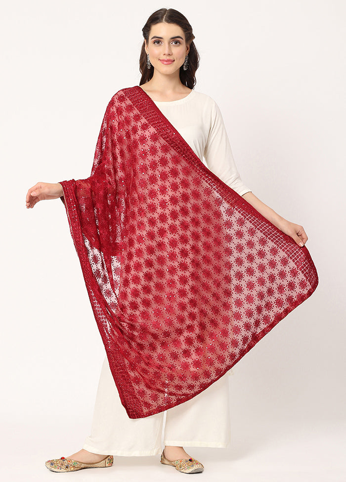 Maroon Chiffon Phulkari Embroidered Work Dupatta - Indian Silk House Agencies