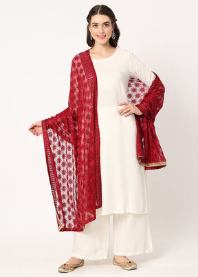 Maroon Chiffon Phulkari Embroidered Work Dupatta - Indian Silk House Agencies