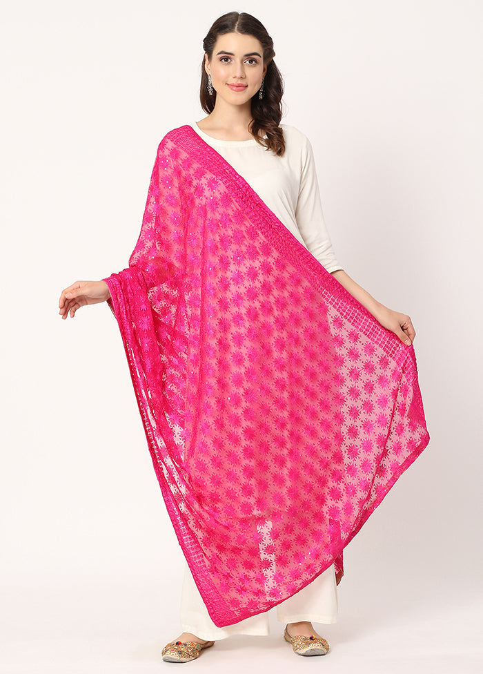 Pink Chiffon Phulkari Embroidered Work Dupatta - Indian Silk House Agencies