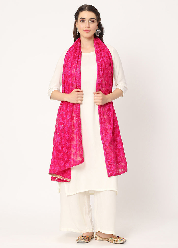 Pink Chiffon Phulkari Embroidered Work Dupatta - Indian Silk House Agencies