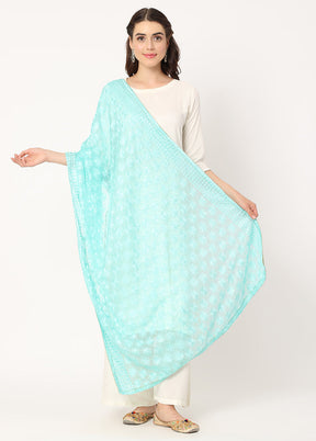 Light Green Chiffon Phulkari Embroidered Work Dupatta - Indian Silk House Agencies