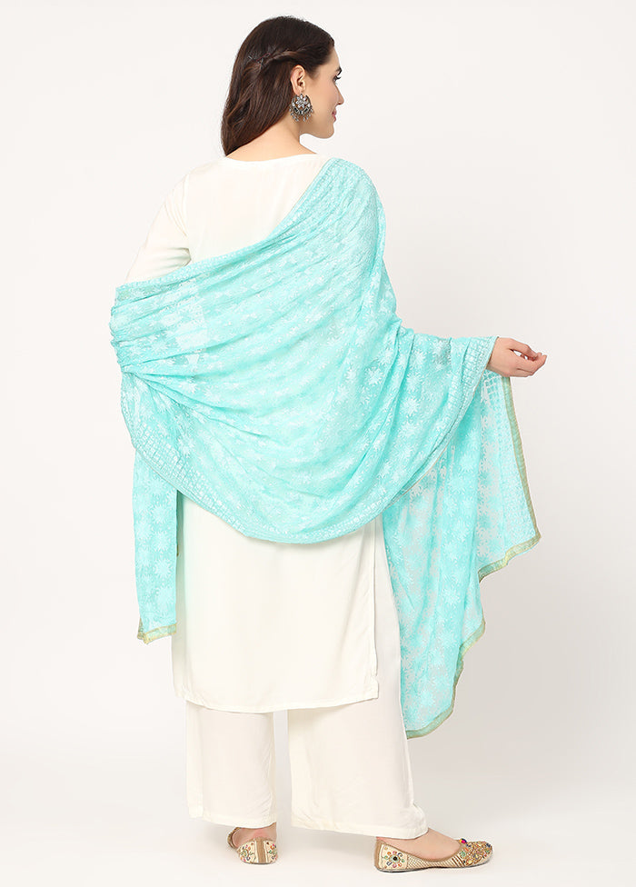 Light Green Chiffon Phulkari Embroidered Work Dupatta - Indian Silk House Agencies