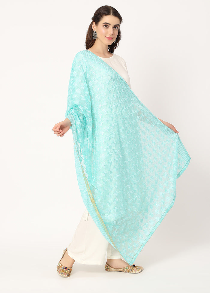 Light Green Chiffon Phulkari Embroidered Work Dupatta - Indian Silk House Agencies