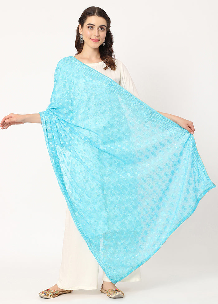 Dark Blue Chiffon Phulkari Embroidered Work Dupatta - Indian Silk House Agencies