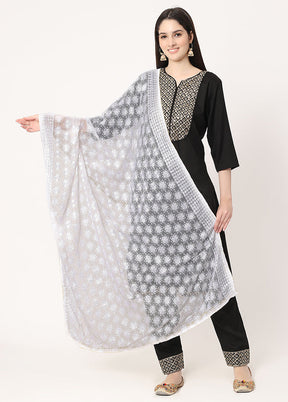 White Chiffon Phulkari Embroidered Work Dupatta - Indian Silk House Agencies