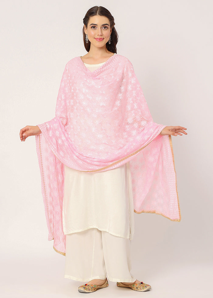 Pink Chiffon Phulkari Embroidered Work Dupatta - Indian Silk House Agencies