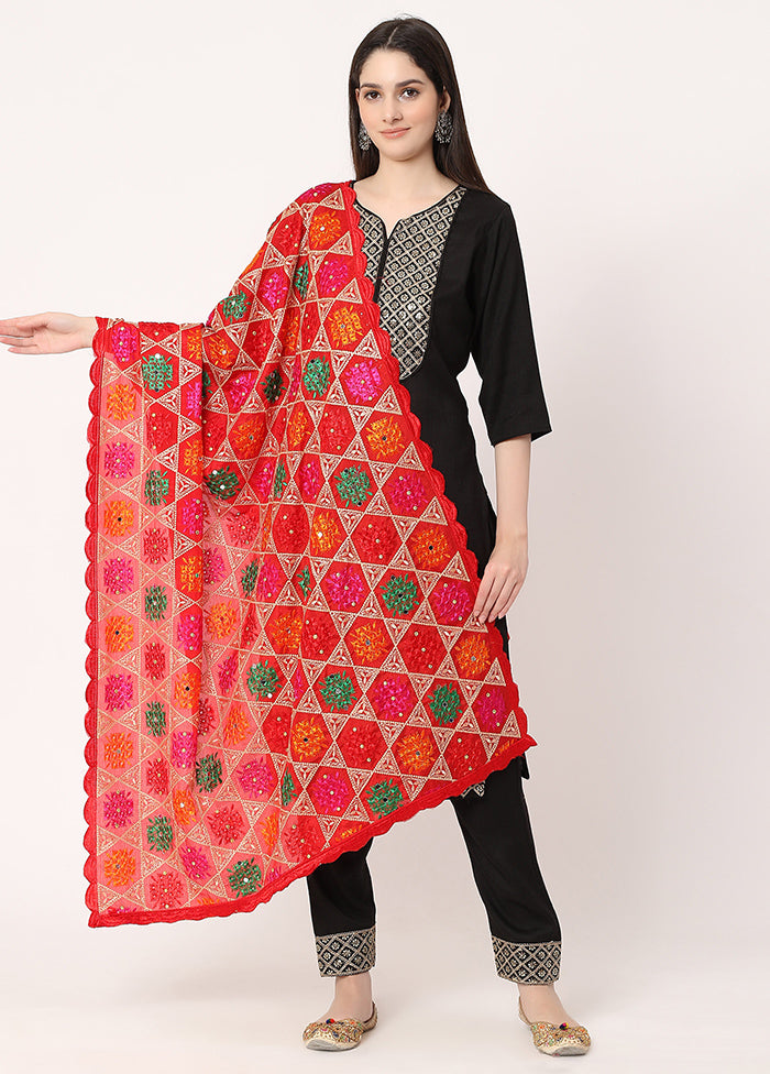 Red Chiffon Phulkari Embroidered Work Dupatta - Indian Silk House Agencies