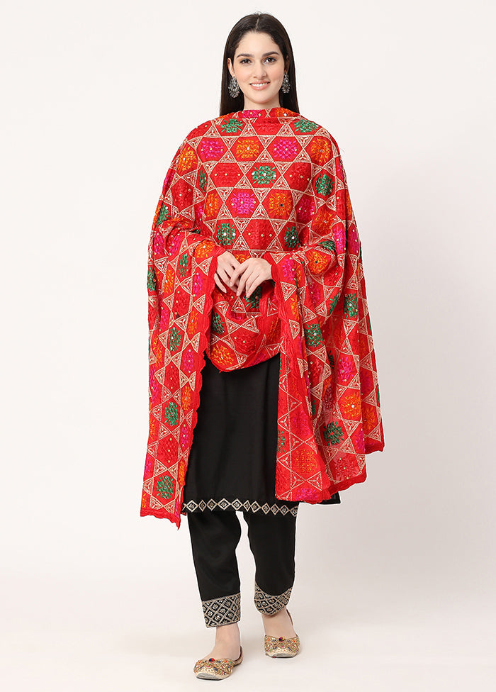 Red Chiffon Phulkari Embroidered Work Dupatta - Indian Silk House Agencies