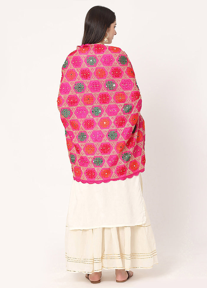 Pink Chiffon Phulkari Embroidered Work Dupatta - Indian Silk House Agencies