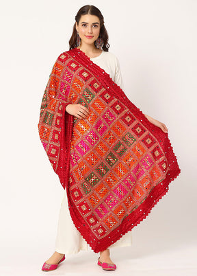 Maroon Chiffon Phulkari Embroidered Work Dupatta - Indian Silk House Agencies