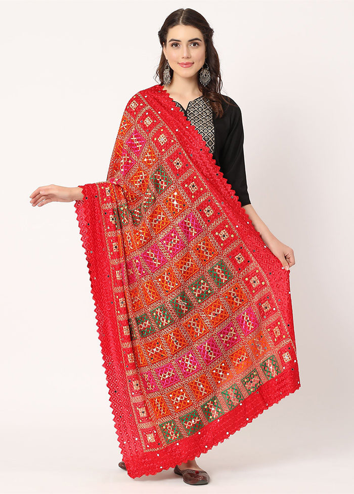 Red Chiffon Phulkari Embroidered Work Dupatta - Indian Silk House Agencies