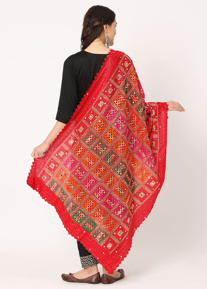 Red Chiffon Phulkari Embroidered Work Dupatta - Indian Silk House Agencies