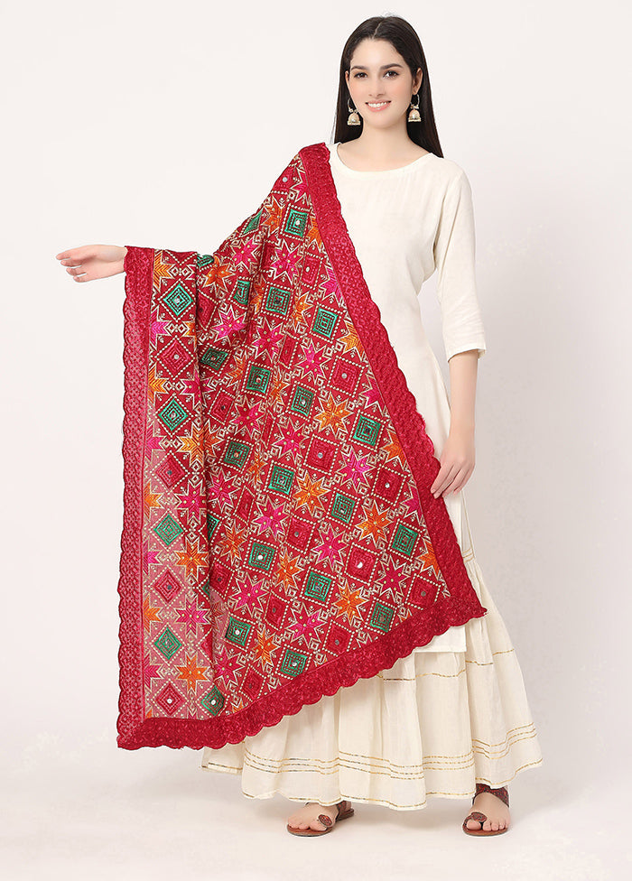 Maroon Chiffon Phulkari Embroidered Work Dupatta - Indian Silk House Agencies