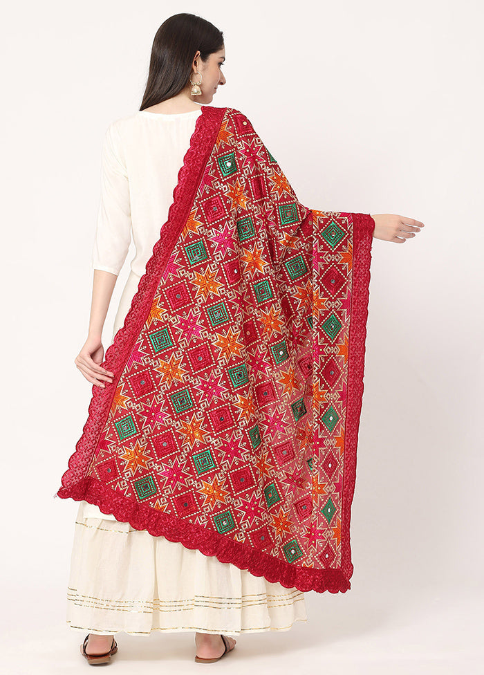 Maroon Chiffon Phulkari Embroidered Work Dupatta - Indian Silk House Agencies