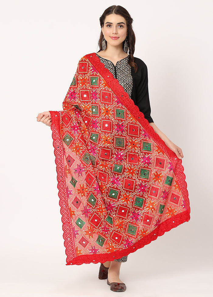 Red Chiffon Phulkari Embroidered Work Dupatta - Indian Silk House Agencies