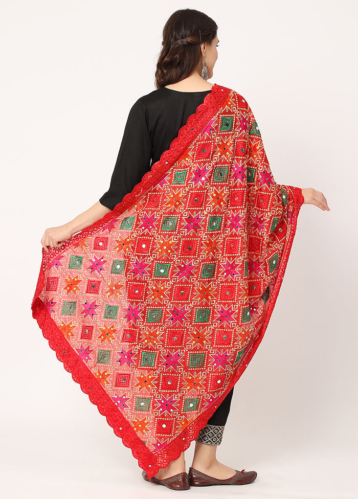 Red Chiffon Phulkari Embroidered Work Dupatta - Indian Silk House Agencies