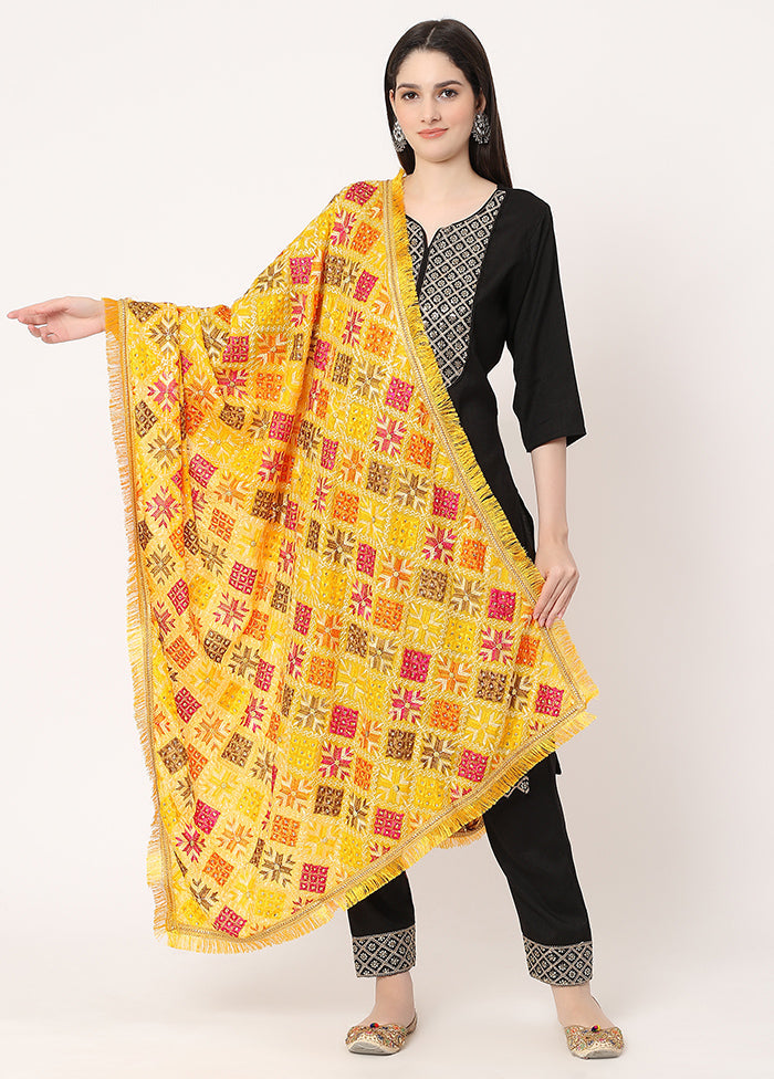 Yellow Chiffon Phulkari Embroidered Work Dupatta - Indian Silk House Agencies