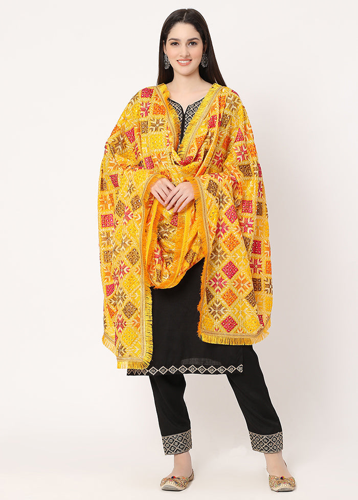 Yellow Chiffon Phulkari Embroidered Work Dupatta - Indian Silk House Agencies