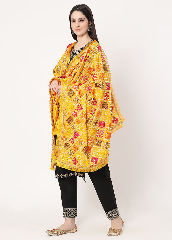 Yellow Chiffon Phulkari Embroidered Work Dupatta - Indian Silk House Agencies