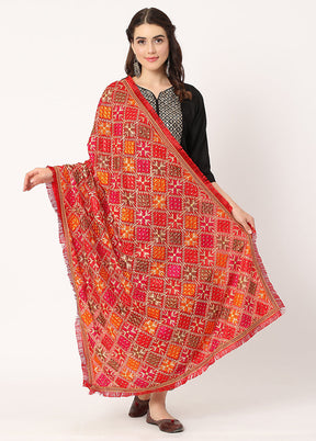 Red Chiffon Phulkari Embroidered Work Dupatta - Indian Silk House Agencies