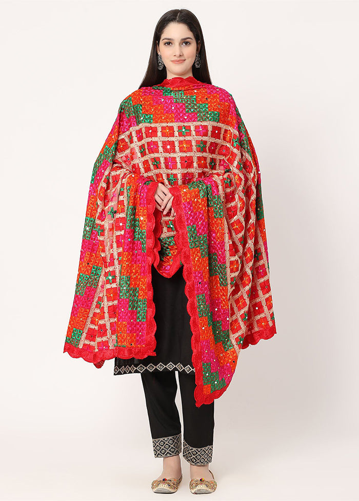 Red Chiffon Phulkari Embroidered Work Dupatta - Indian Silk House Agencies