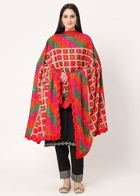 Red Chiffon Phulkari Embroidered Work Dupatta - Indian Silk House Agencies