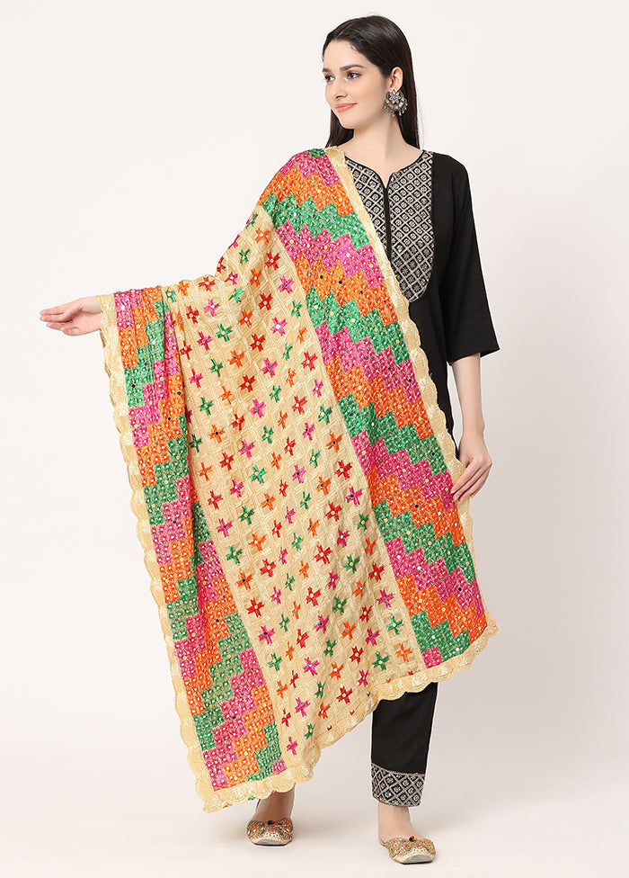 Beige Chiffon Phulkari Embroidered Work Dupatta - Indian Silk House Agencies