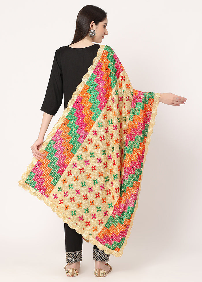 Beige Chiffon Phulkari Embroidered Work Dupatta - Indian Silk House Agencies