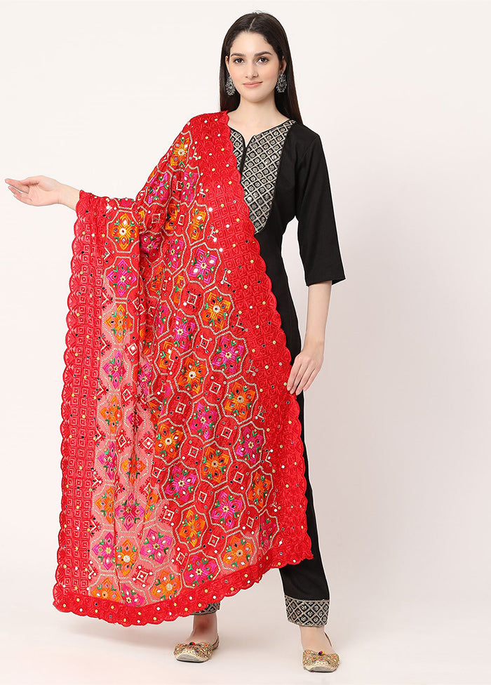 Red Chiffon Phulkari Embroidered Work Dupatta - Indian Silk House Agencies