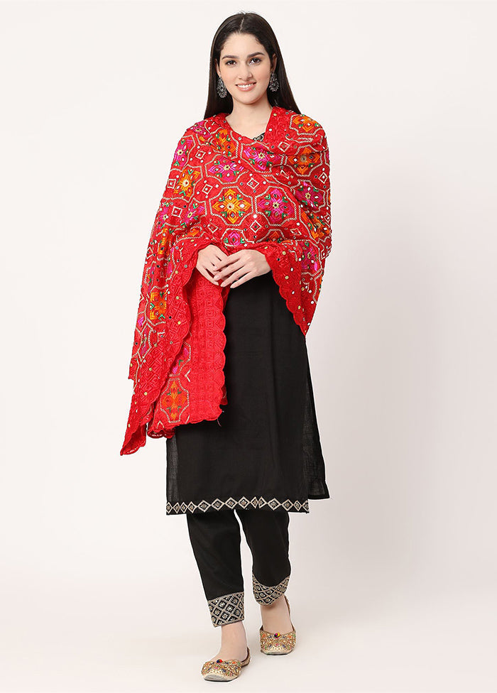 Red Chiffon Phulkari Embroidered Work Dupatta - Indian Silk House Agencies