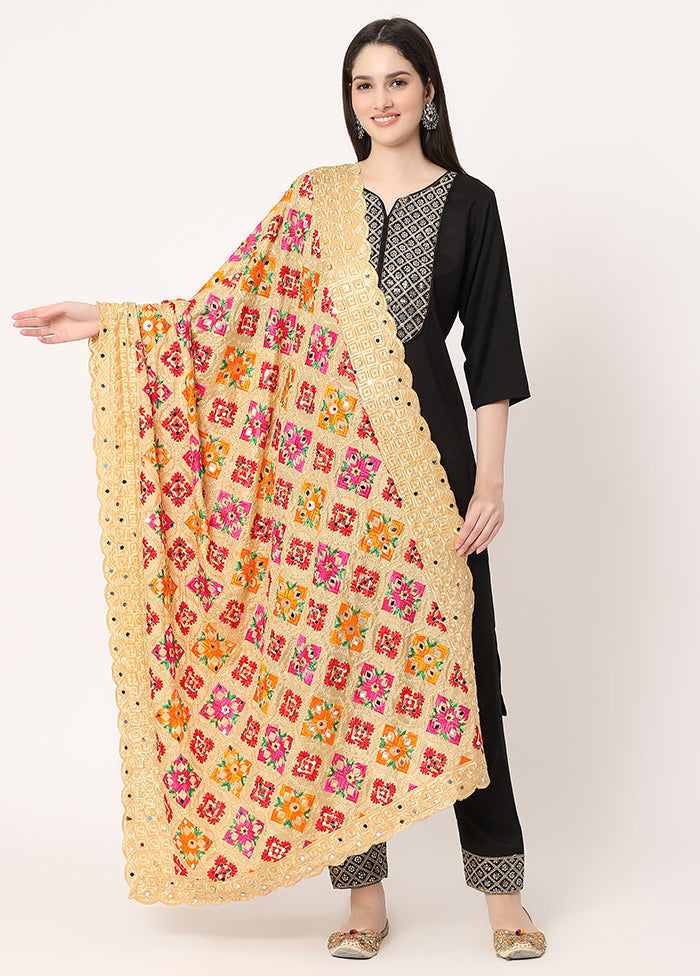 Beige Chiffon Phulkari Embroidered Work Dupatta - Indian Silk House Agencies