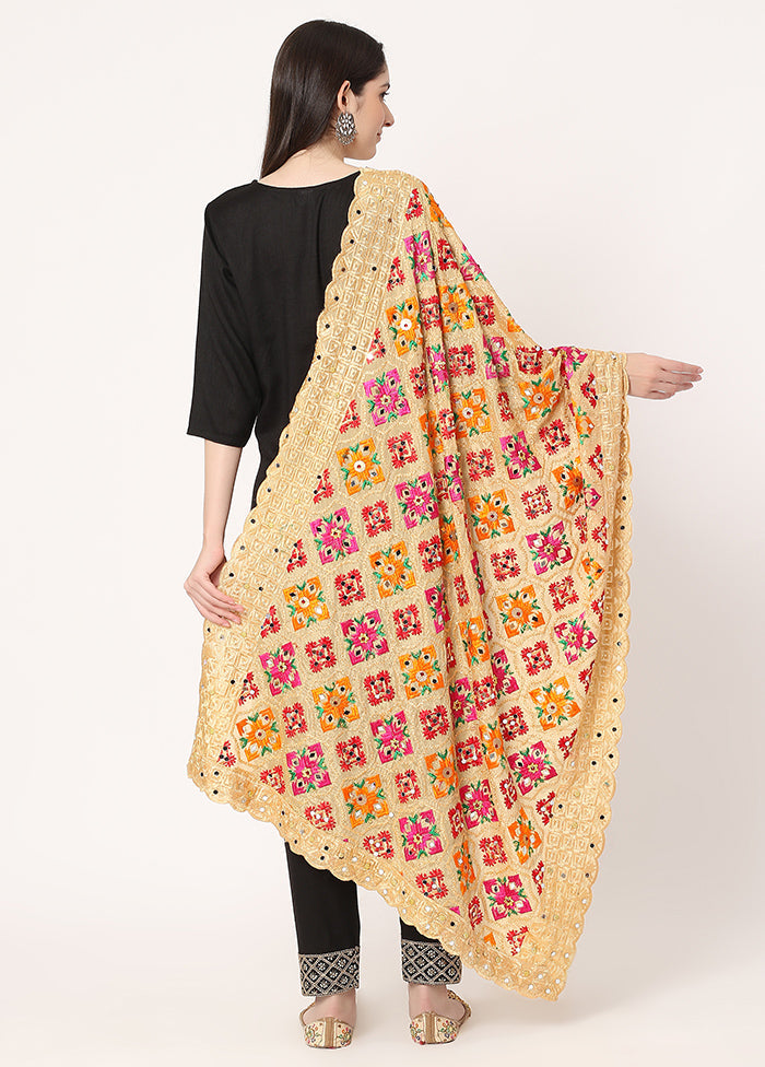 Beige Chiffon Phulkari Embroidered Work Dupatta - Indian Silk House Agencies