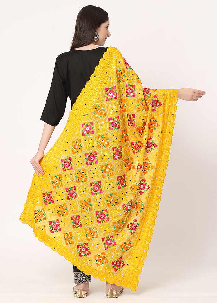 Yellow Chiffon Phulkari Embroidered Work Dupatta - Indian Silk House Agencies