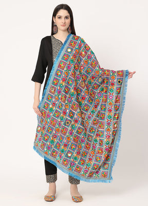 Light Blue Chiffon Phulkari Embroidered Work Dupatta - Indian Silk House Agencies