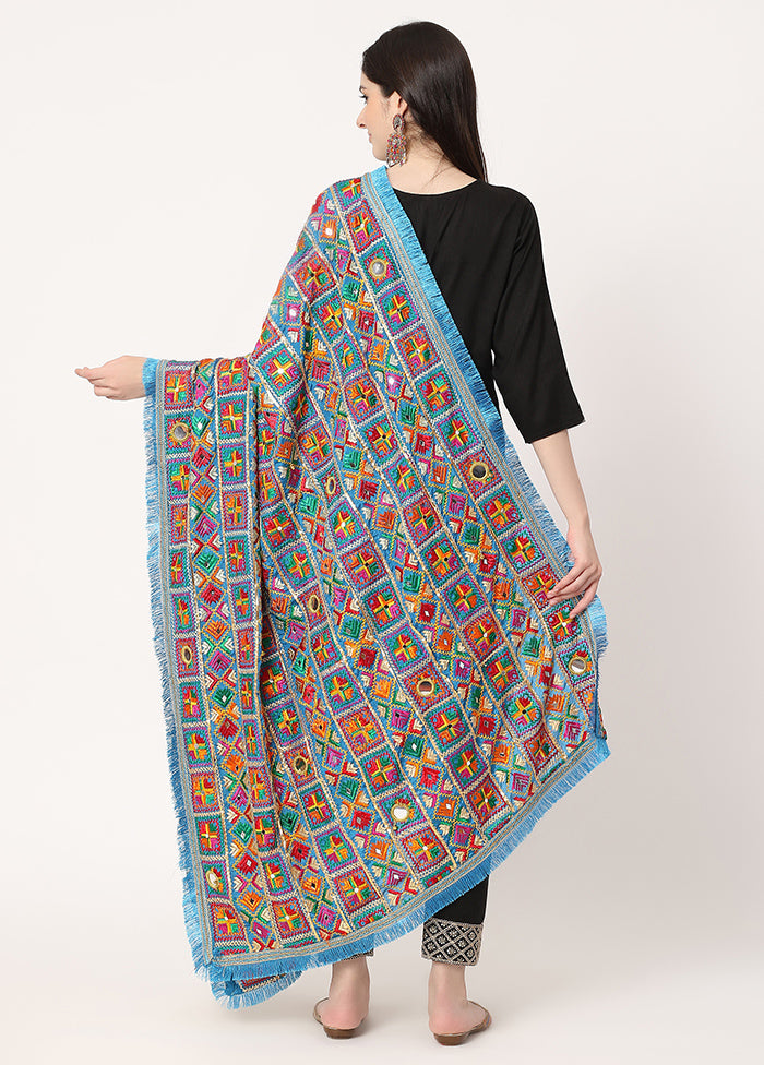 Light Blue Chiffon Phulkari Embroidered Work Dupatta - Indian Silk House Agencies