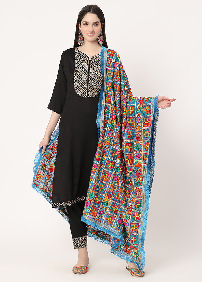 Light Blue Chiffon Phulkari Embroidered Work Dupatta - Indian Silk House Agencies