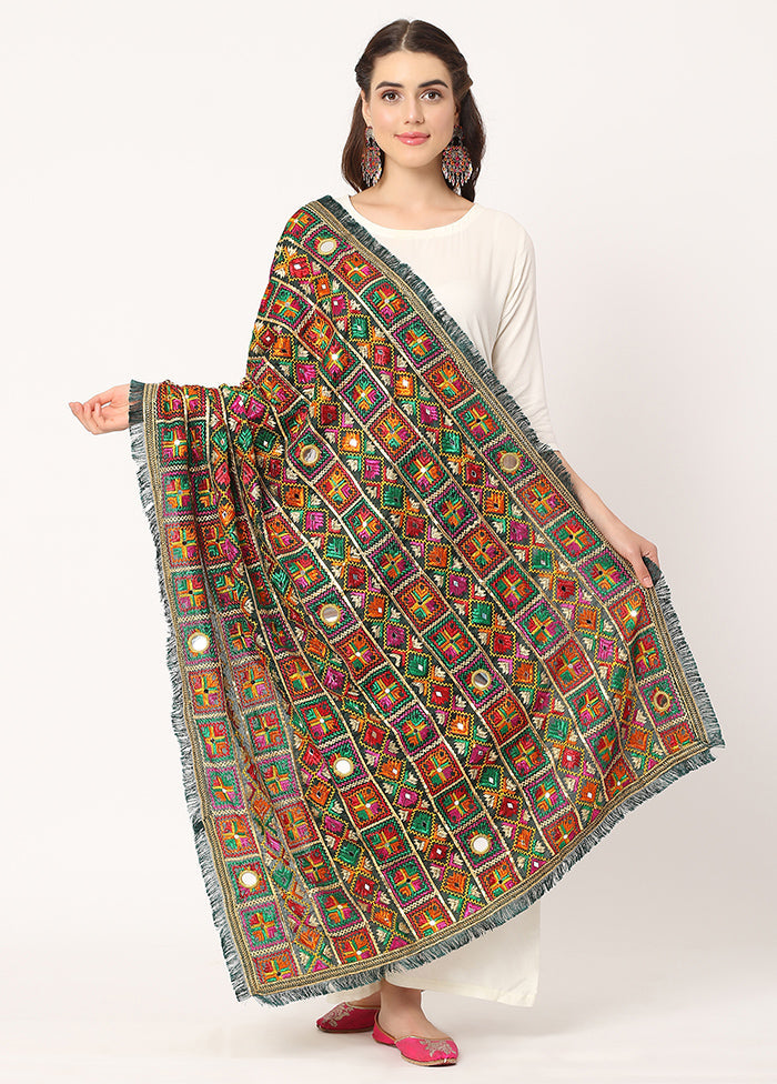 Green Chiffon Phulkari Embroidered Work Dupatta - Indian Silk House Agencies