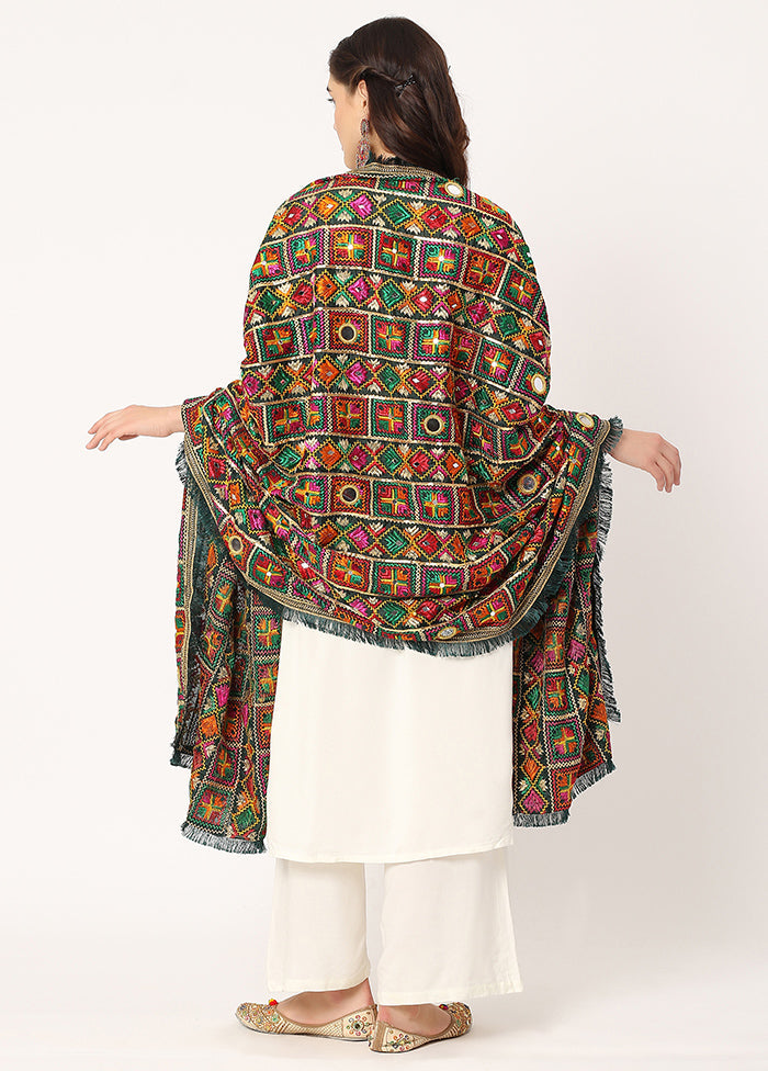 Green Chiffon Phulkari Embroidered Work Dupatta - Indian Silk House Agencies