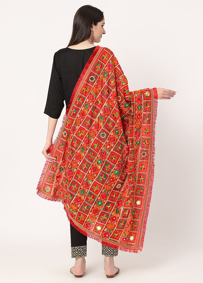 Red Chiffon Phulkari Embroidered Work Dupatta - Indian Silk House Agencies