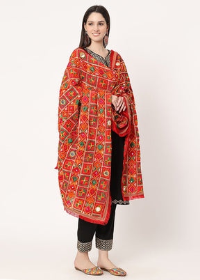 Red Chiffon Phulkari Embroidered Work Dupatta - Indian Silk House Agencies