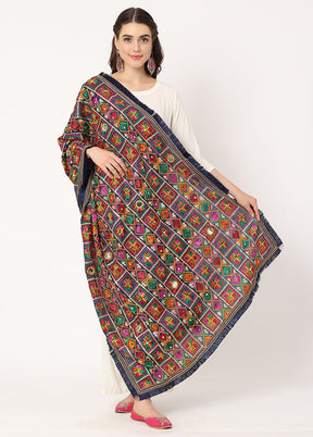 Dark Blue Chiffon Phulkari Embroidered Work Dupatta - Indian Silk House Agencies