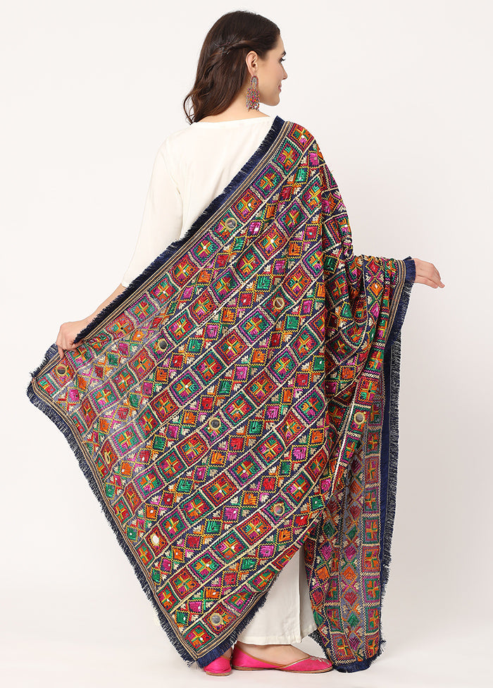 Dark Blue Chiffon Phulkari Embroidered Work Dupatta - Indian Silk House Agencies