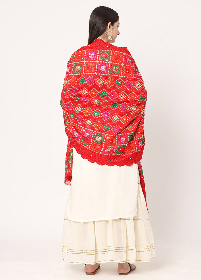 Red Chiffon Phulkari Embroidered Work Dupatta - Indian Silk House Agencies